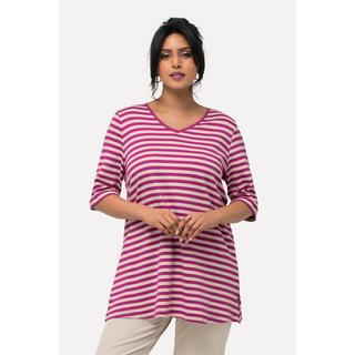 Ulla Popken  T-shirt in cotone Pima con righe, scollo a V e mezze maniche 