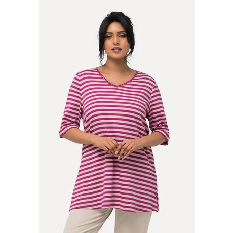 Ulla Popken  T-shirt in cotone Pima con righe, scollo a V e mezze maniche 