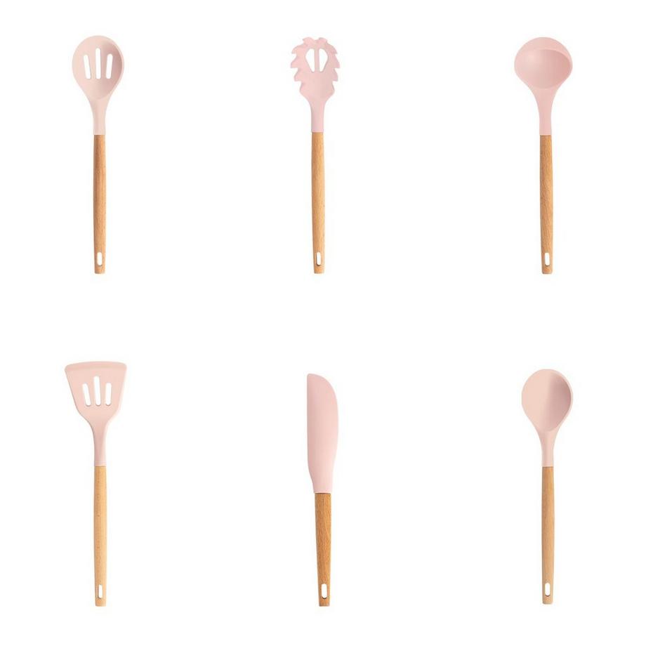 CREATE  KÜCHENUTENSILIEN-SET AUS SILIKON UND HOLZ pastelrosa 