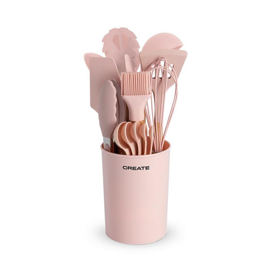 CREATE  KÜCHENUTENSILIEN-SET AUS SILIKON UND HOLZ pastelrosa 