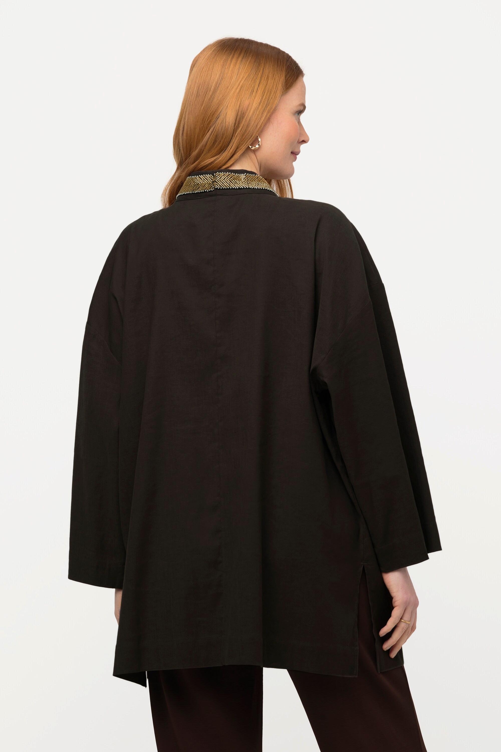 Ulla Popken  Kimono-Jacke, Schalkragen, Leinenmix, Perlenborte 