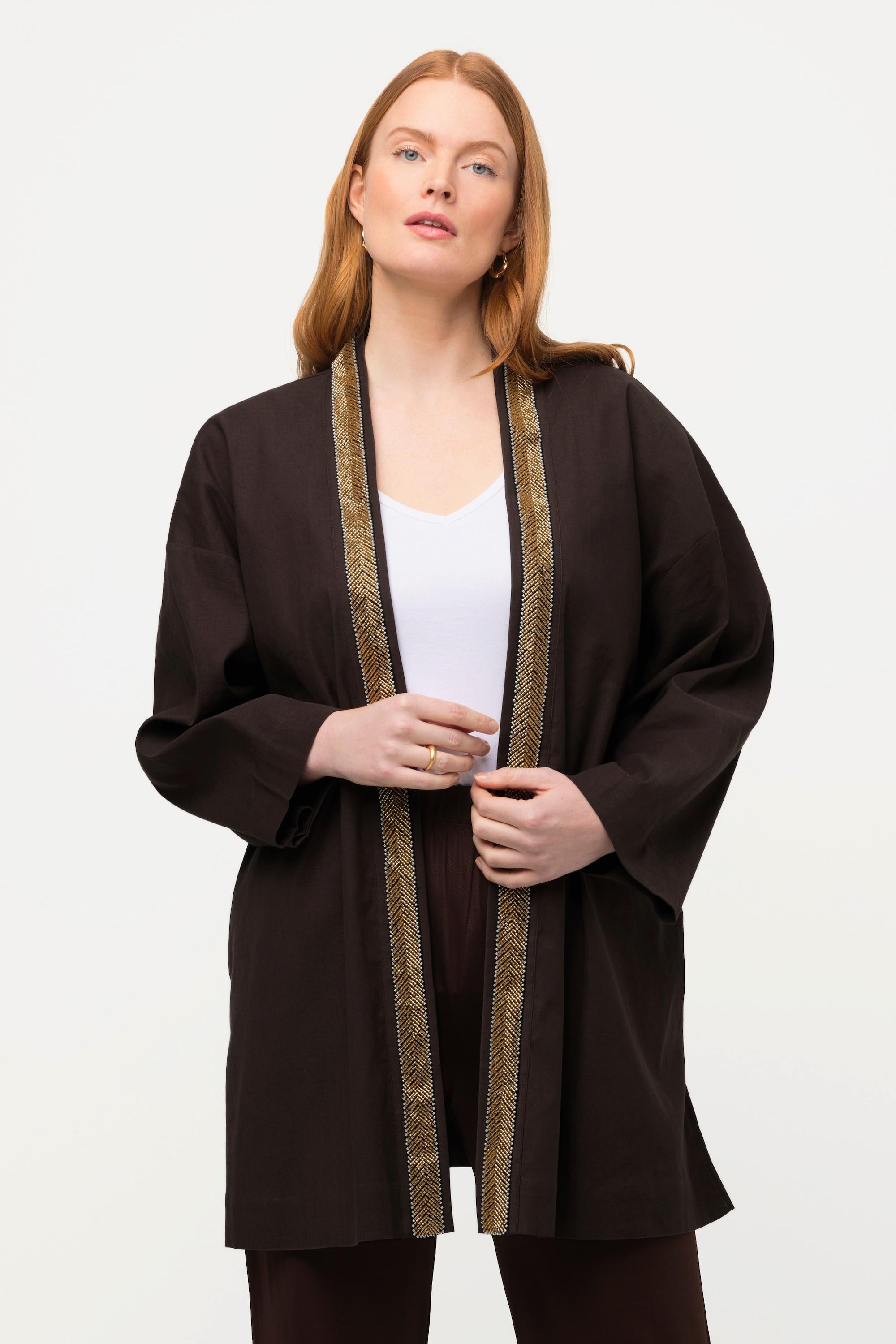 Ulla Popken  Kimono-Jacke, Schalkragen, Leinenmix, Perlenborte 