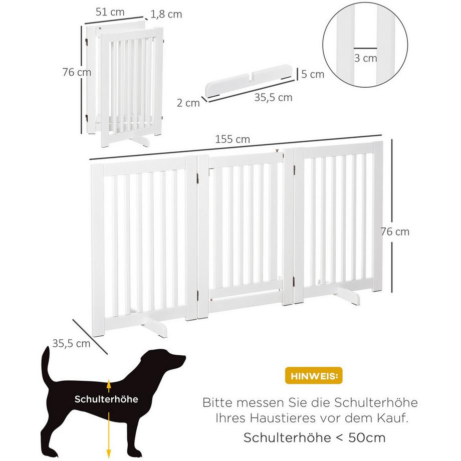 Northio  Barrière De Protection En Bois Pour Chiens, Réglable, Pliable, Blanc, 155 X 1,5 X 76 Cm 