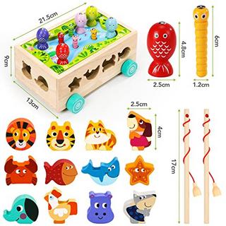 Activity-board  Jouets dès 1 an | Jeu de pêche magnétique Jouet en bois | Jouet de motricité 6 en 1 Jouet éducatif | Jouet de tri et d'empilage 