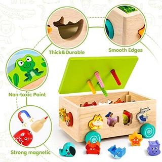 Activity-board  Jouets dès 1 an | Jeu de pêche magnétique Jouet en bois | Jouet de motricité 6 en 1 Jouet éducatif | Jouet de tri et d'empilage 