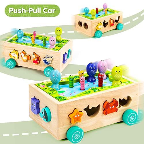 Activity-board  Jouets dès 1 an | Jeu de pêche magnétique Jouet en bois | Jouet de motricité 6 en 1 Jouet éducatif | Jouet de tri et d'empilage 