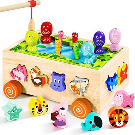 Activity-board  Jouets dès 1 an | Jeu de pêche magnétique Jouet en bois | Jouet de motricité 6 en 1 Jouet éducatif | Jouet de tri et d'empilage 