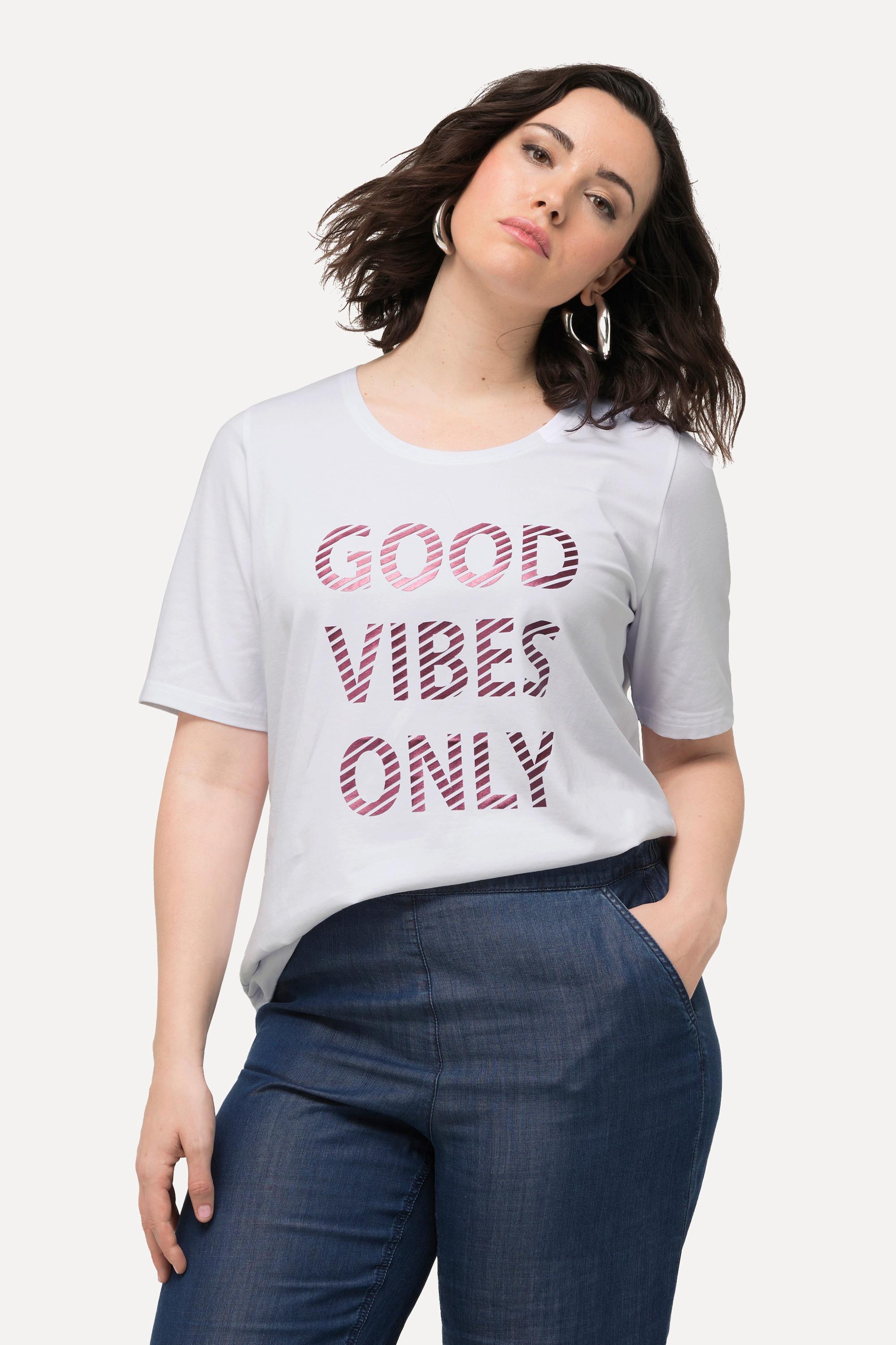 Ulla Popken  T-shirt « Good Vibes Only », col rond et manches courtes 