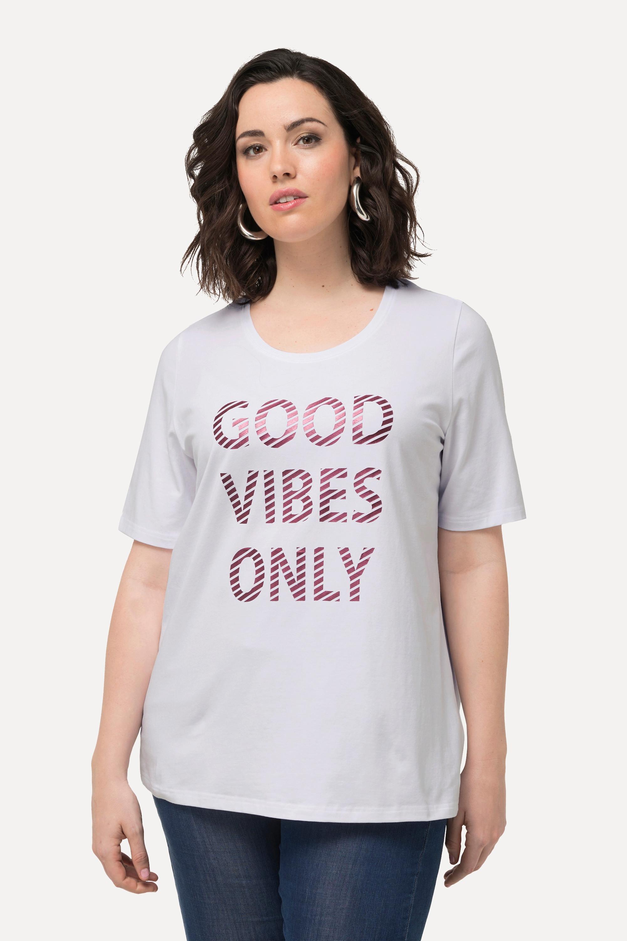 Ulla Popken  T-shirt « Good Vibes Only », col rond et manches courtes 