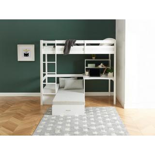 Vente-unique Hochbett mit Schreibtisch, Schlafsofa & Stauraum - 90 x 200 cm - Kiefernholz & MDF - Weiß - GOLIATH III  