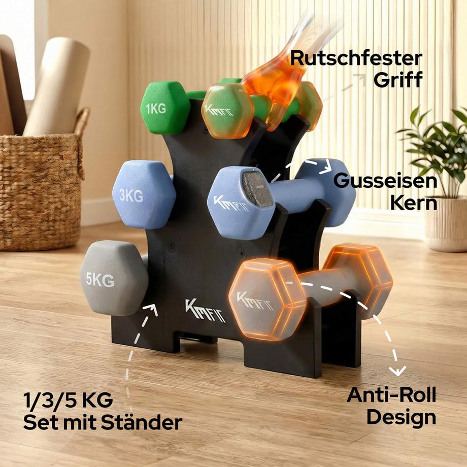 KM-Fit  Hantelset 18 kg | Neopren Kurzhanteln Set 1–5 kg 