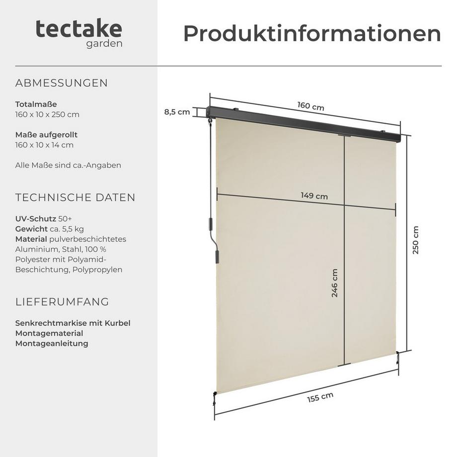 Tectake Senkrechtmarkise Eloise verschiedene Größen UV-beständig und wasserabweisend  