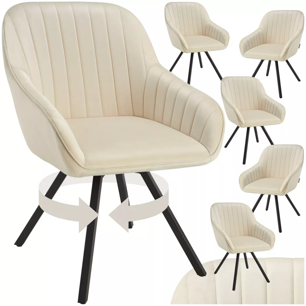 Tectake - Lot 6 chaises pivotantes à 360° avec accoudoirs velours crèmes