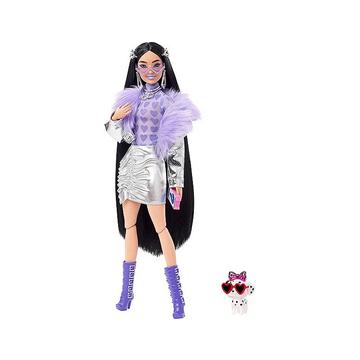 Extra Puppe mit lila Flausch-Kragen & Stiefel (schwarze Haare)