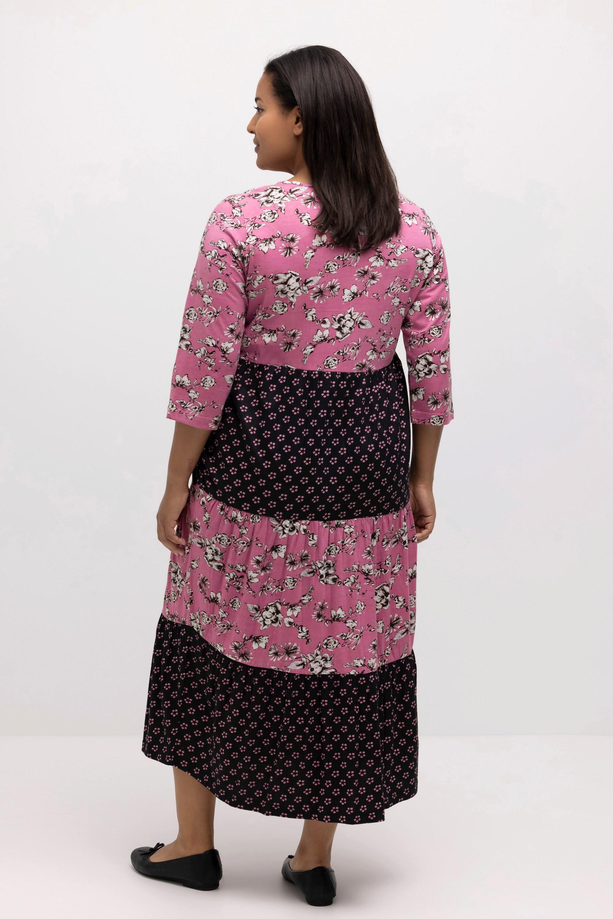 Ulla Popken Midikleid Mustermix-Streifen Rundhals 3/4-Ärmel  