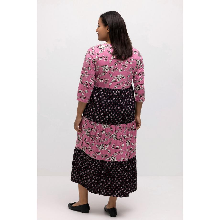 Ulla Popken Robe longueur midi Mélange d'imprimés Décolleté rond manches 3/4  