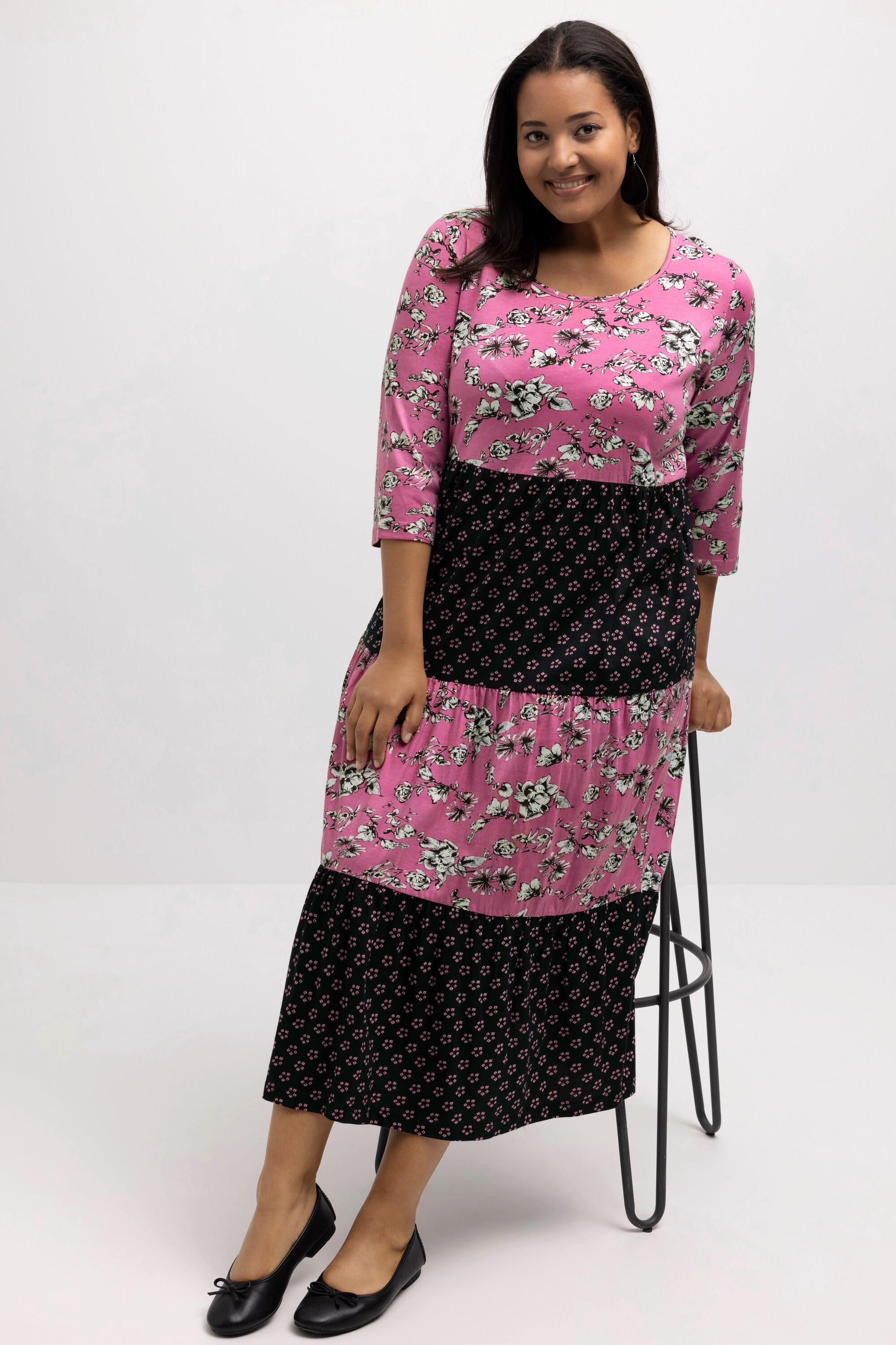 Ulla Popken Midikleid Mustermix-Streifen Rundhals 3/4-Ärmel  