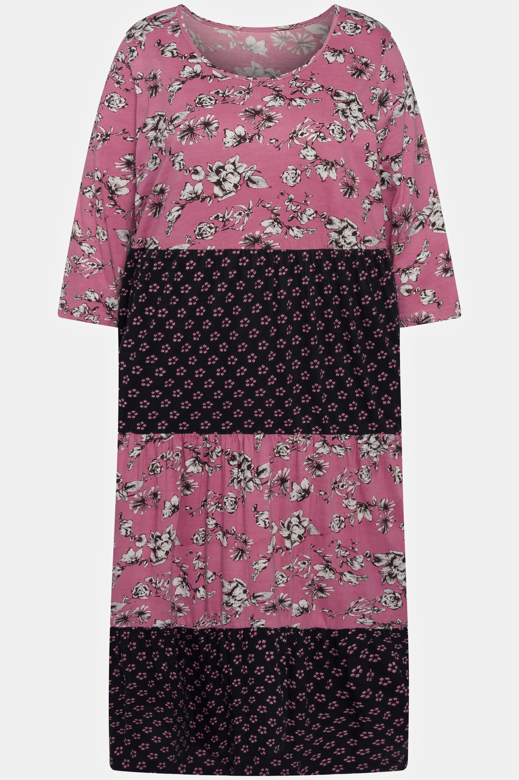 Ulla Popken  Robe longueur midi. Mélange d'imprimés. Décolleté rond, manches 3/4. 