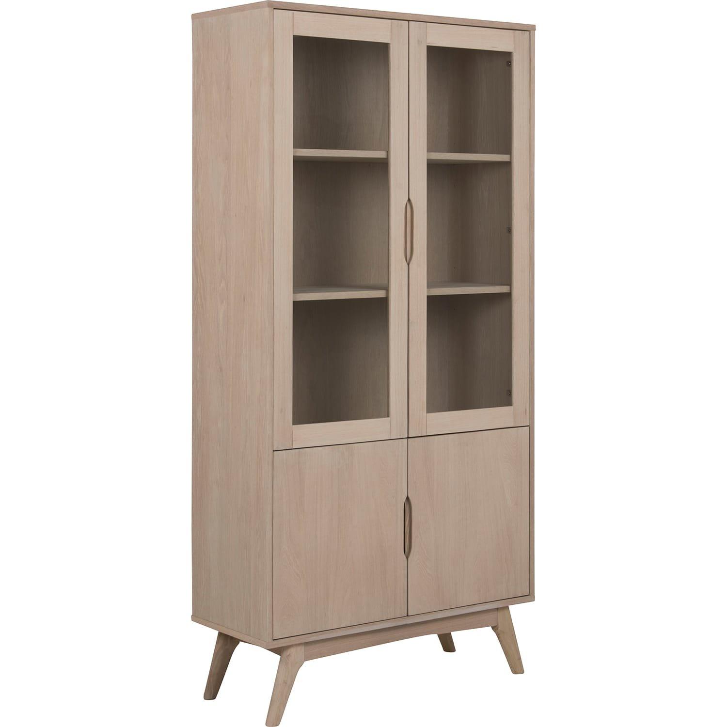 Image of Vitrine Brighton Massiv Furnier Eiche Weiss 2 Glas Türen 2 Holztüren 94x40x192cm Vitrine Brighton Massiv Furnier Eiche Weiss 2 Glas Türen 2 Holztüren 94x40x192cm