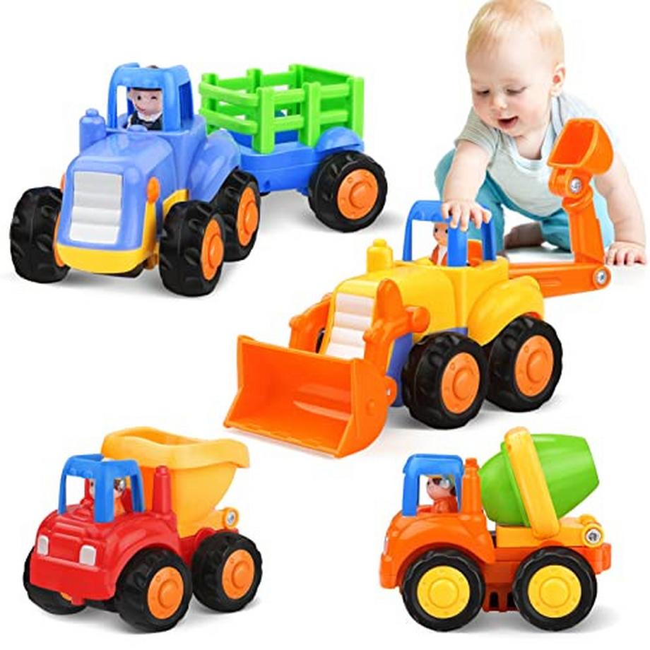 Activity-board  Baby Spielzeugauto Spielzeug Baufahrzeuge/Bagger Kinderspielzeug Auto für Kleinkinder 4 in 1 Set, Traktor, Bulldozer, Muldenkipper, Zementmischer 