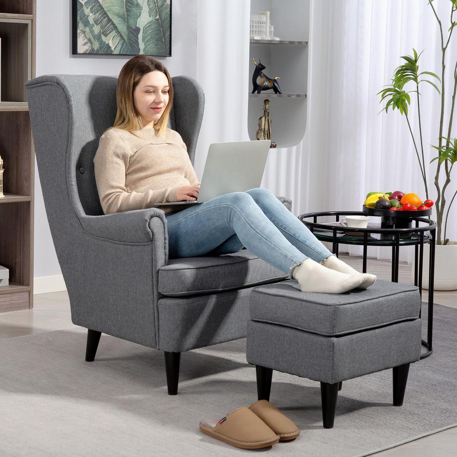 HOMCOM Fauteuil à oreilles avec tabouret  