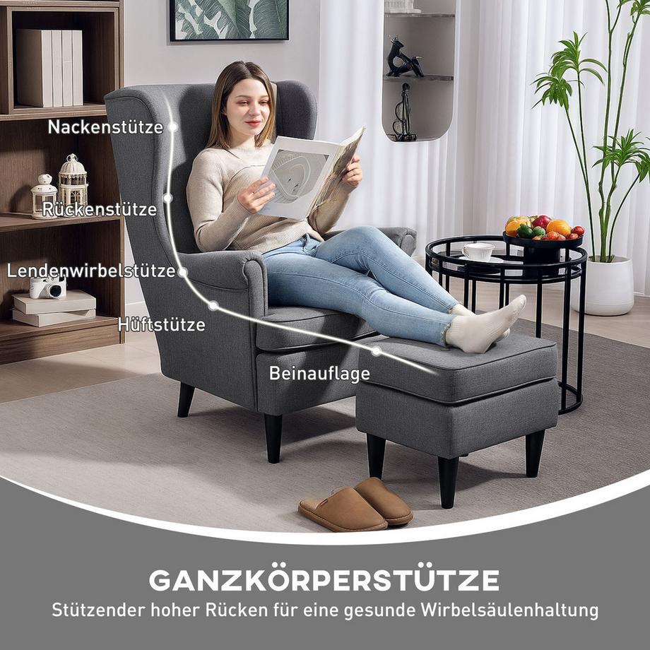 HOMCOM Fauteuil à oreilles avec tabouret  