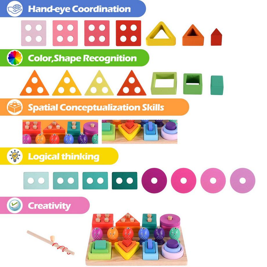 Activity-board  holzspielzeug&Stapelspielzeug,3 in 1 farberkennung formsortierer Angelspieß 