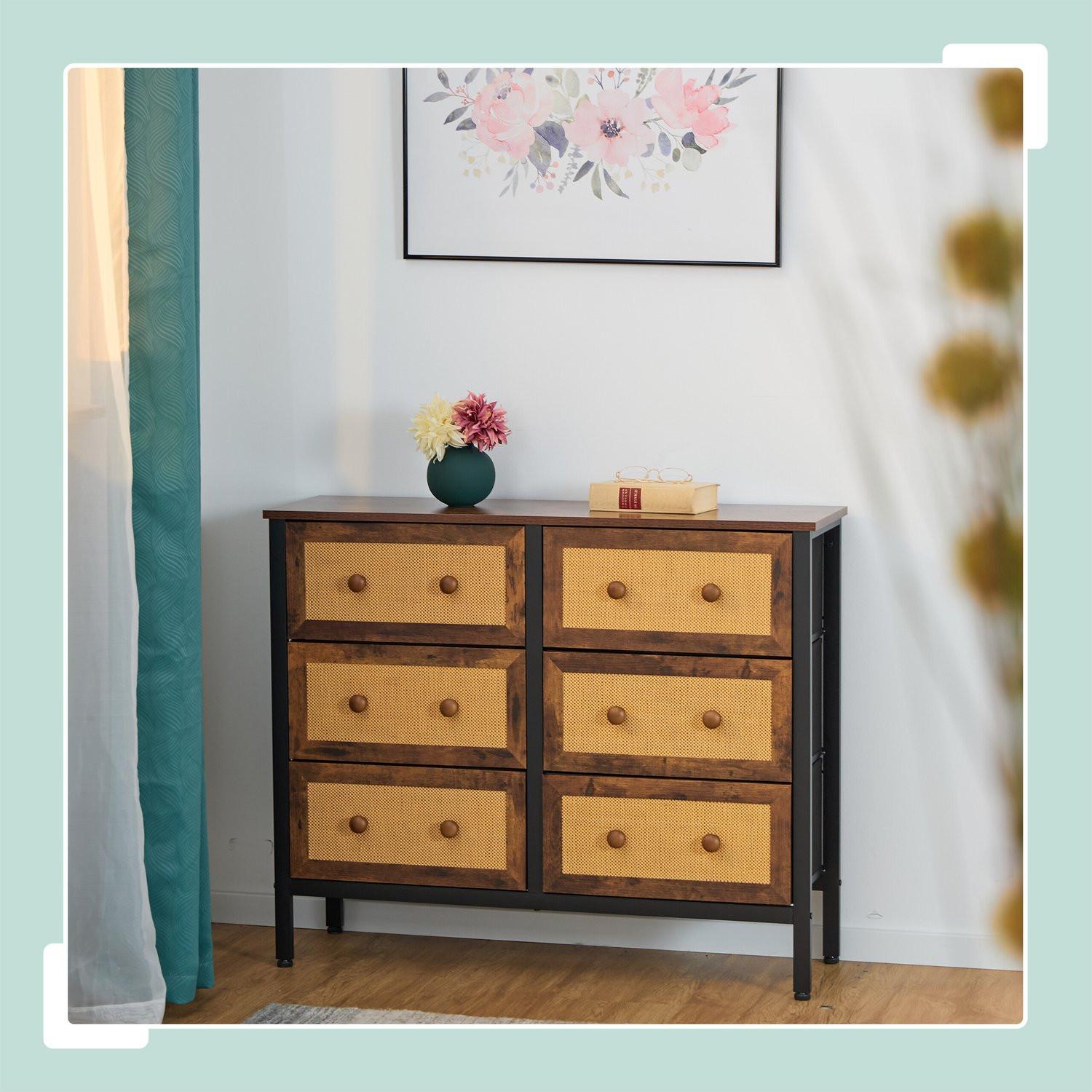 Northio Commode 6 tiroirs style rotin  