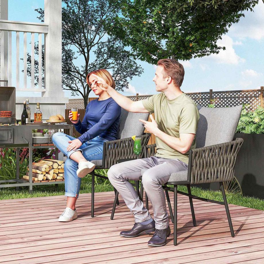 Northio Set di mobili da esterno da 3 pezzi, 2 sedie, 1 tavolo, set da bistrot, rattan artificiale, struttura in acciaio, tavolo in metallo, 4 cuscini, grigio  