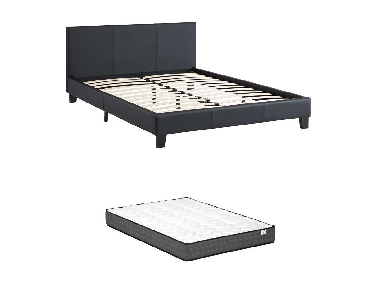 Image of Bett mit Matratze - 140 x 190 cm - Kunstleder - Schwarz - CORNELIUS II Bett mit Matratze - 140 x 190 cm - Kunstleder - Schwarz - CORNELIUS II