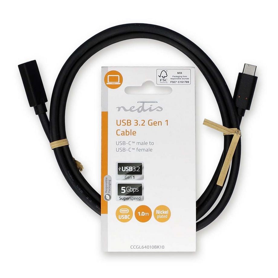 Nedis  Cavo USB | USB 3.2 Gen 1 | USB-C™ Maschio | USB-C™ Femmina | 60 W | 4K@60Hz | 5 Gbps | Nichelato | 1,00 m | Rotondo | PVC | Nero | Etichetta 