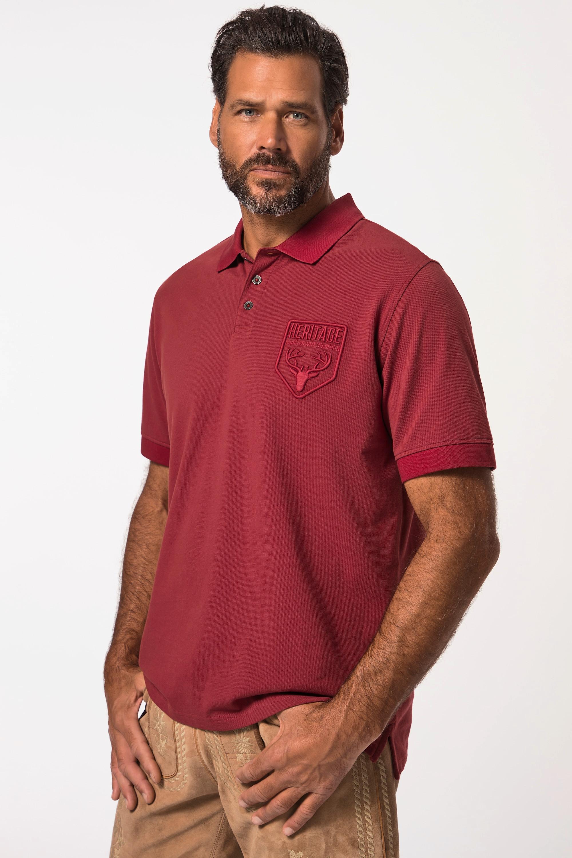 JP1880  Maglia polo in piqué con ricami in tradizionale stile Tracht e mezze maniche rosso ciliegia scuro 