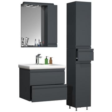 4-tlg. Waschplatz Waschtisch 60 cm Badmöbel Set Waschbecken grifflose Schublade Spiegelschrank Hochschrank Silora L