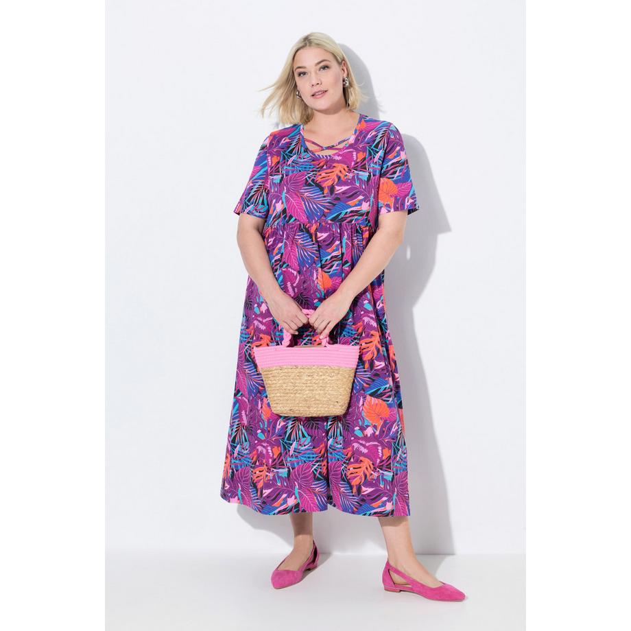 Ulla Popken Maxikleid A-Linie Zierbänder Rundhals Halbarm  