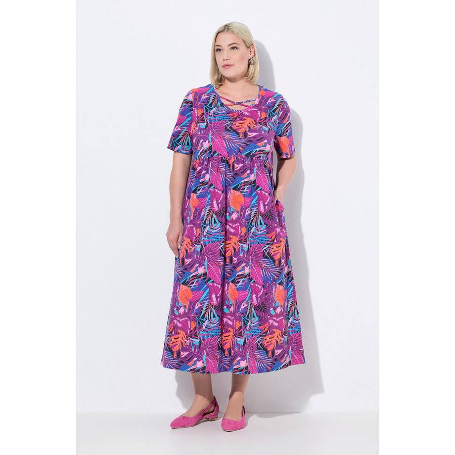 Ulla Popken Maxikleid A-Linie Zierbänder Rundhals Halbarm  