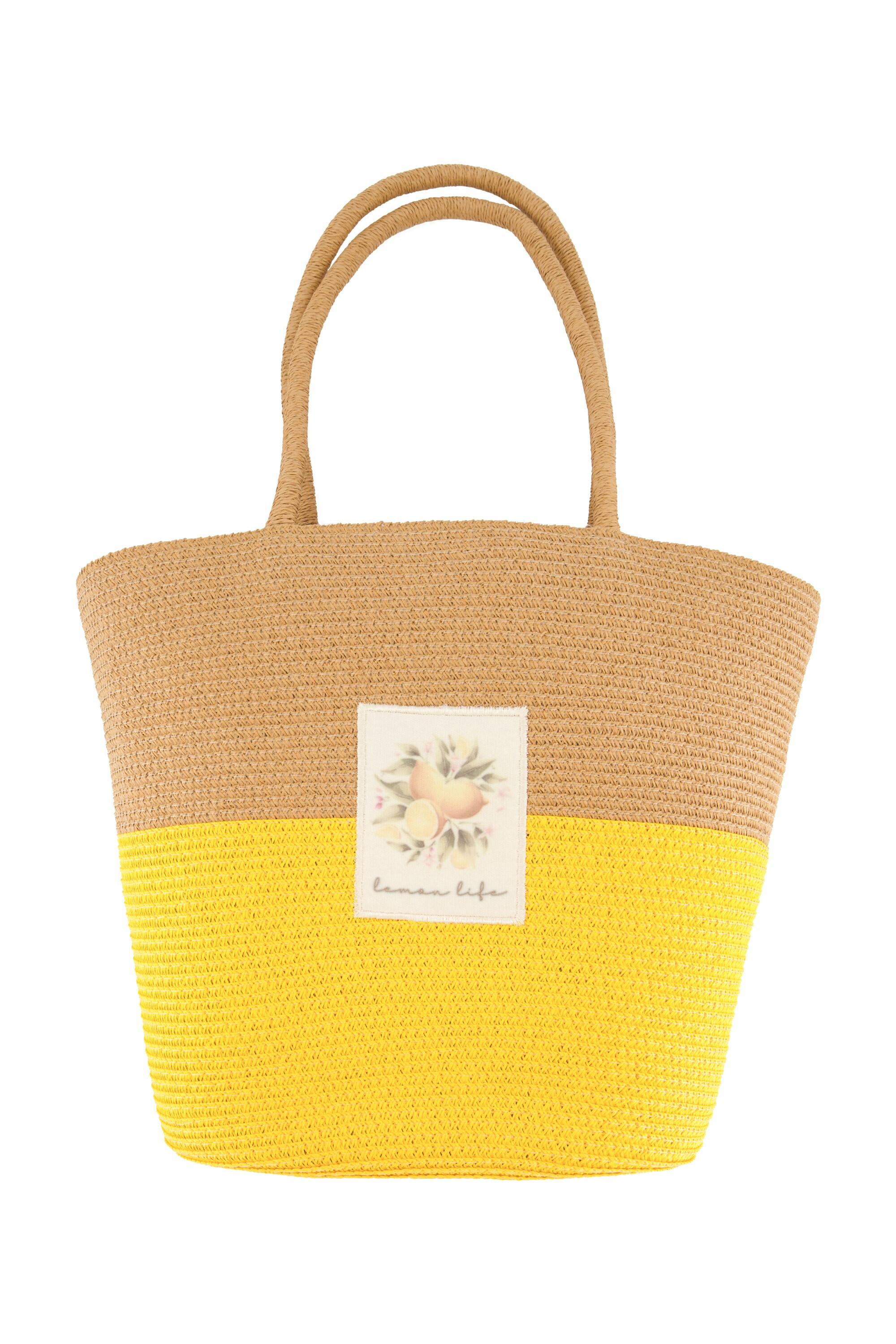 Ulla Popken Korbtasche Zitronen-Patch Papierstroh Zipper  