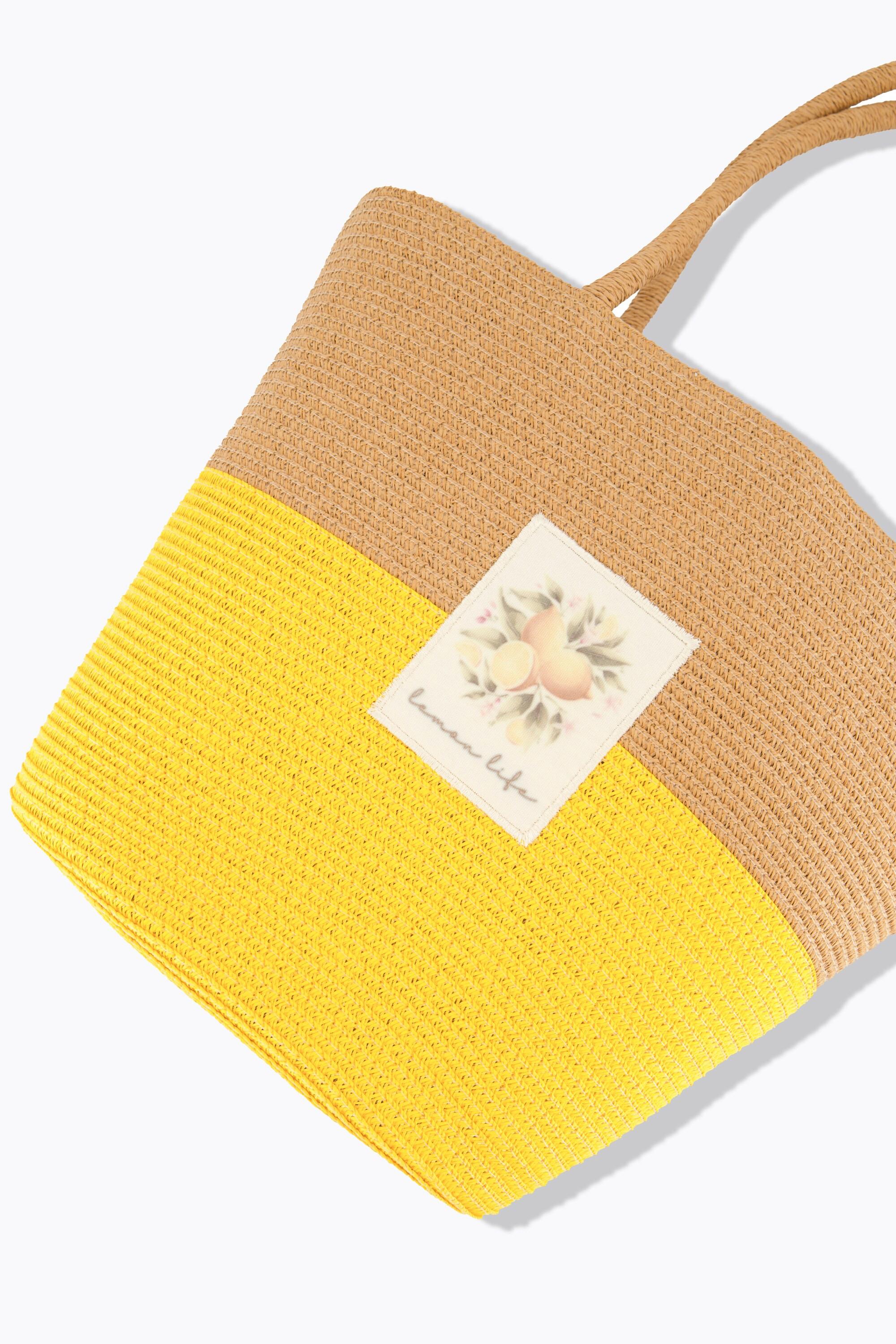 Ulla Popken Korbtasche Zitronen-Patch Papierstroh Zipper  