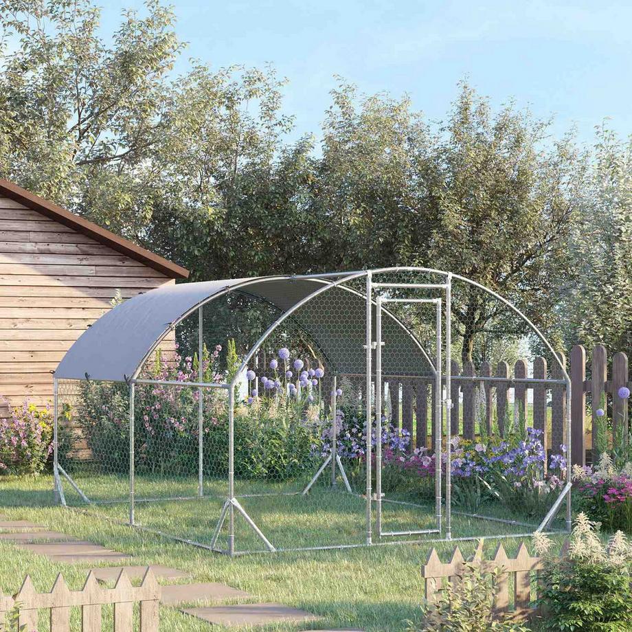 Northio  Poulailler extérieur en acier, 280 x 380 x 197 cm, cage à poules avec couvercle résistant aux UV, porte, enclos pour 6 à 12 poules, petits animaux, argent 