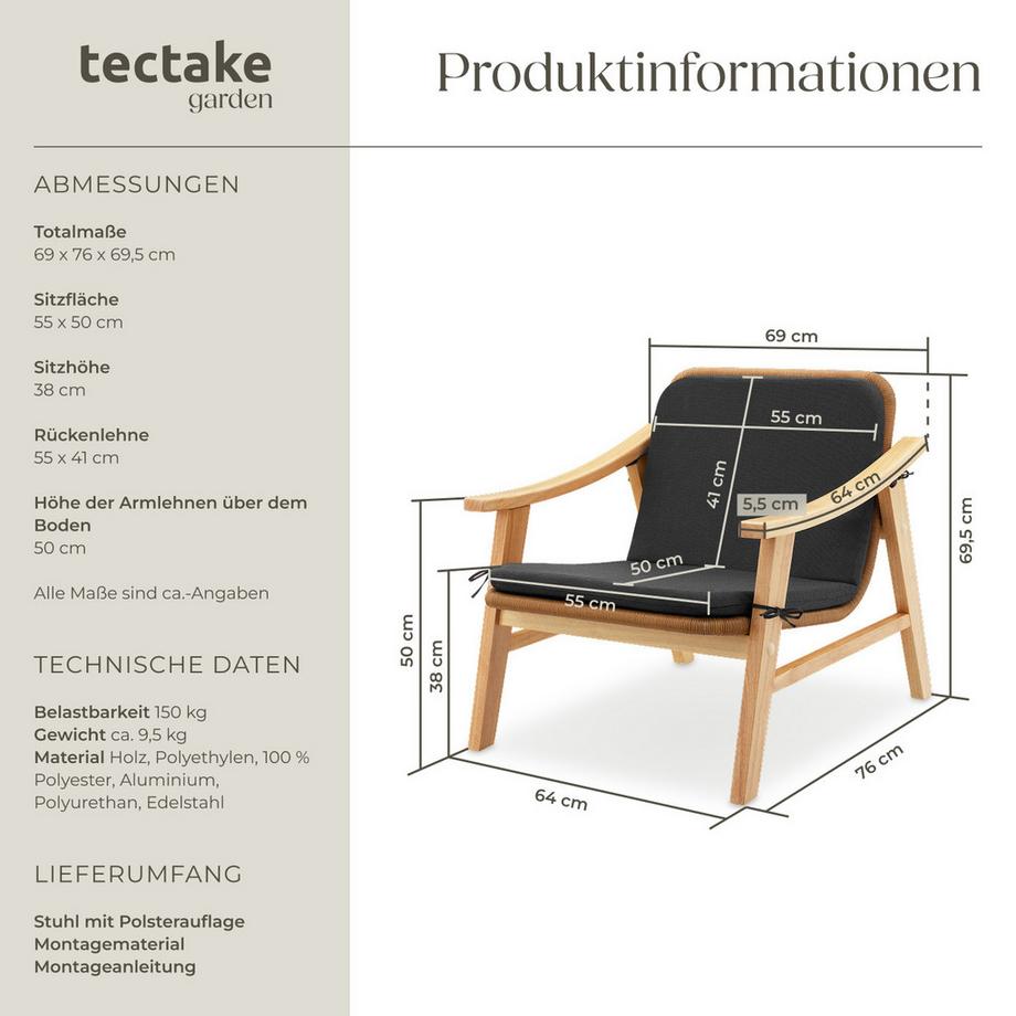 Tectake Sedia in rattan Treviso con telaio in legno laccato  