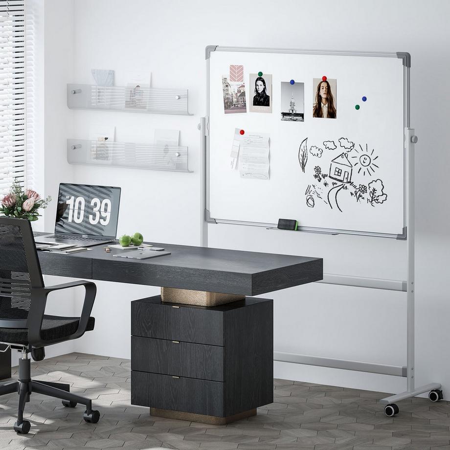 Northio  Tableau blanc magnétique 120 x 90 cm tableau magnétique double face avec support, roulettes, 6 marqueurs et 1 gomme éponge, pivotant à 360°, tableau magnétique réglable sur 3 niveaux pour bureau, maison 