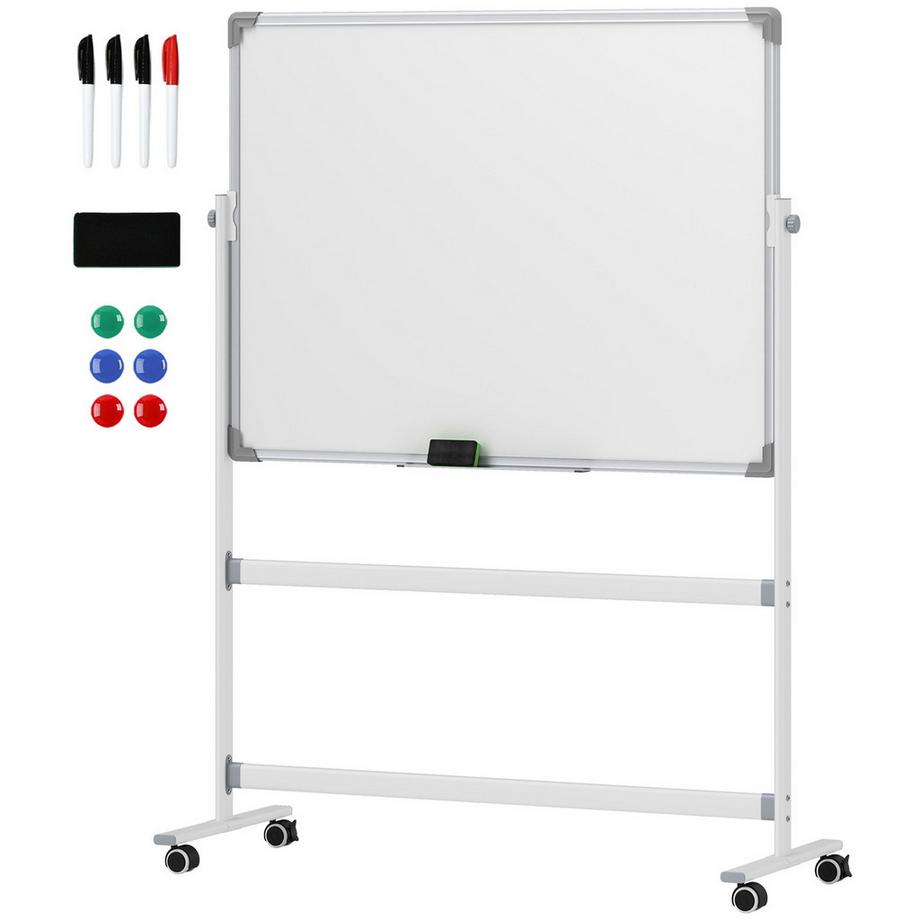 Northio  Tableau blanc magnétique 120 x 90 cm tableau magnétique double face avec support, roulettes, 6 marqueurs et 1 gomme éponge, pivotant à 360°, tableau magnétique réglable sur 3 niveaux pour bureau, maison 