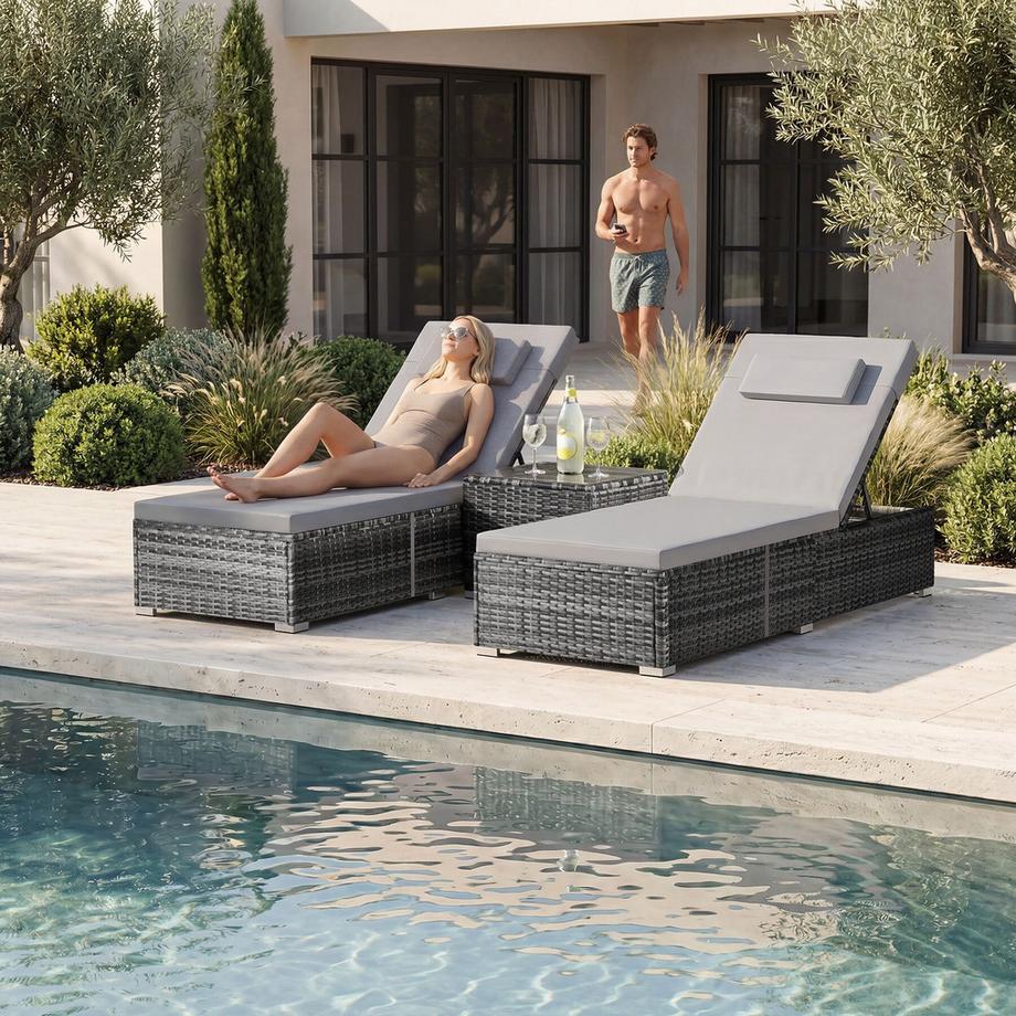 Tectake Lettino doppio in rattan Carbonera Lettino prendisole resistente alle intemperie e ai raggi UV  