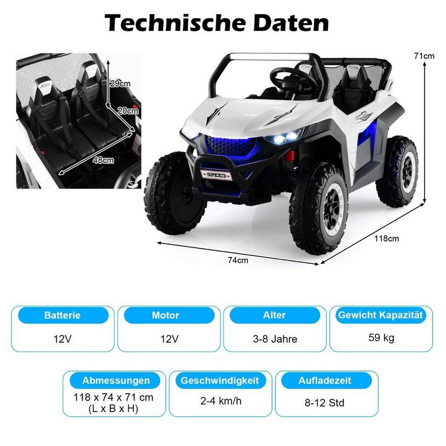 Northix  2 Sitzer 12V Kinderauto mit Musik und Scheinwerfer 118 x 74 x 71 cm-Weiß 