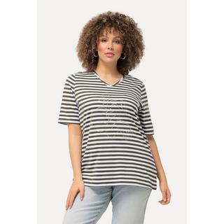 Ulla Popken  Shirt, Ringel, Metallic-Tier, V-Ausschnitt, Halbarm 