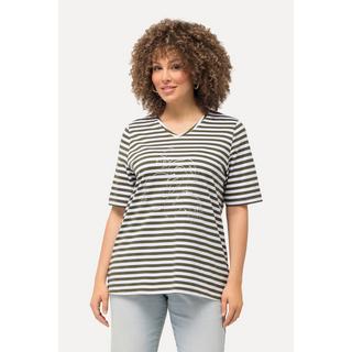 Ulla Popken  Shirt, Ringel, Metallic-Tier, V-Ausschnitt, Halbarm 