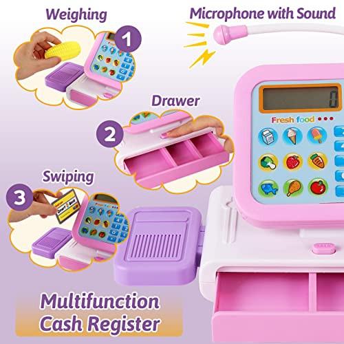 Activity-board  Jouet de caisse enregistreuse pour enfants, jouet de caisse enregistreuse électronique avec console rotative, accessoires de magasin, caisse enregistreuse avec fonction de calculatrice de microphone scanner 