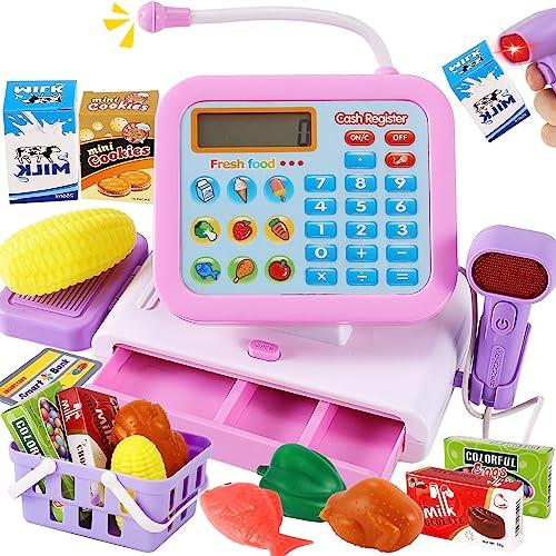 Activity-board  Jouet de caisse enregistreuse pour enfants, jouet de caisse enregistreuse électronique avec console rotative, accessoires de magasin, caisse enregistreuse avec fonction de calculatrice de microphone scanner 