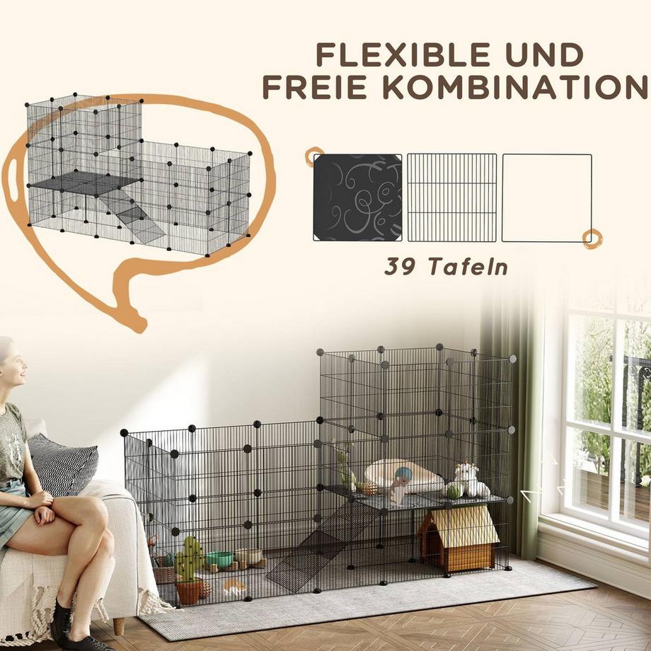 Northio  Kleintiergehege Kleintierkäfig mit 39 Platten Freigehege mit Rampe DIY Gittergehege Metall Kleintiere öffenbar Schwarz 140 x 70 x 105 cm 