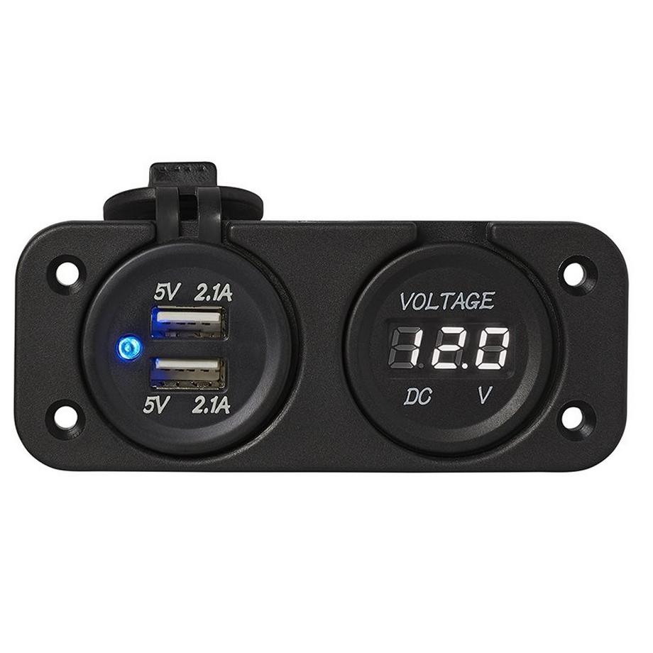 Pricenet  Unterputz-Kit: Voltmeter 6–30 V + USB-Anschluss doppelt Typ A 2 x 2100 mA 