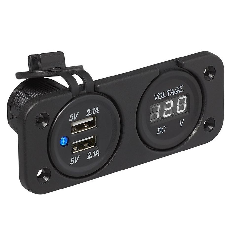 Pricenet  Unterputz-Kit: Voltmeter 6–30 V + USB-Anschluss doppelt Typ A 2 x 2100 mA 